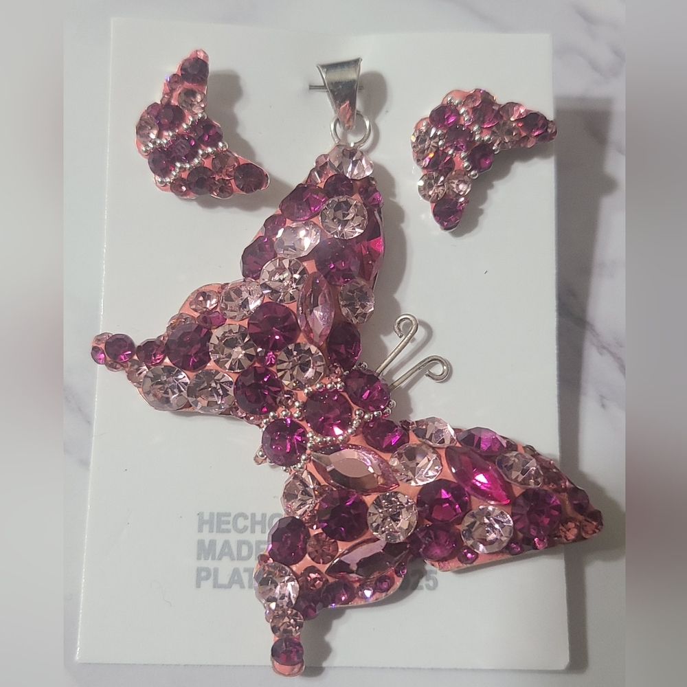 925 silver set, pendant and butterfly earrings
